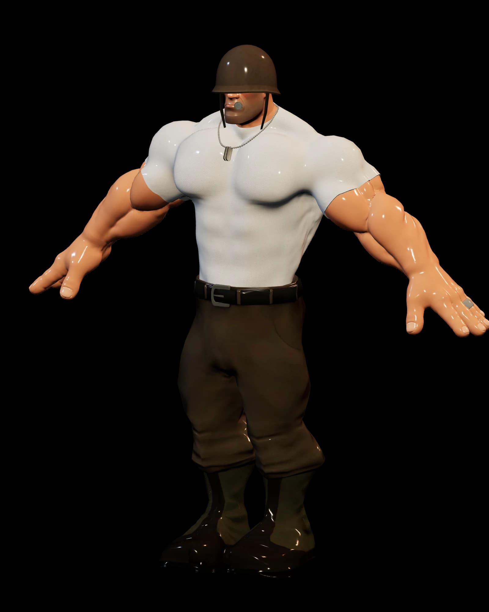 Buff Soldier wearing a helmet, white shirt, and dog tags